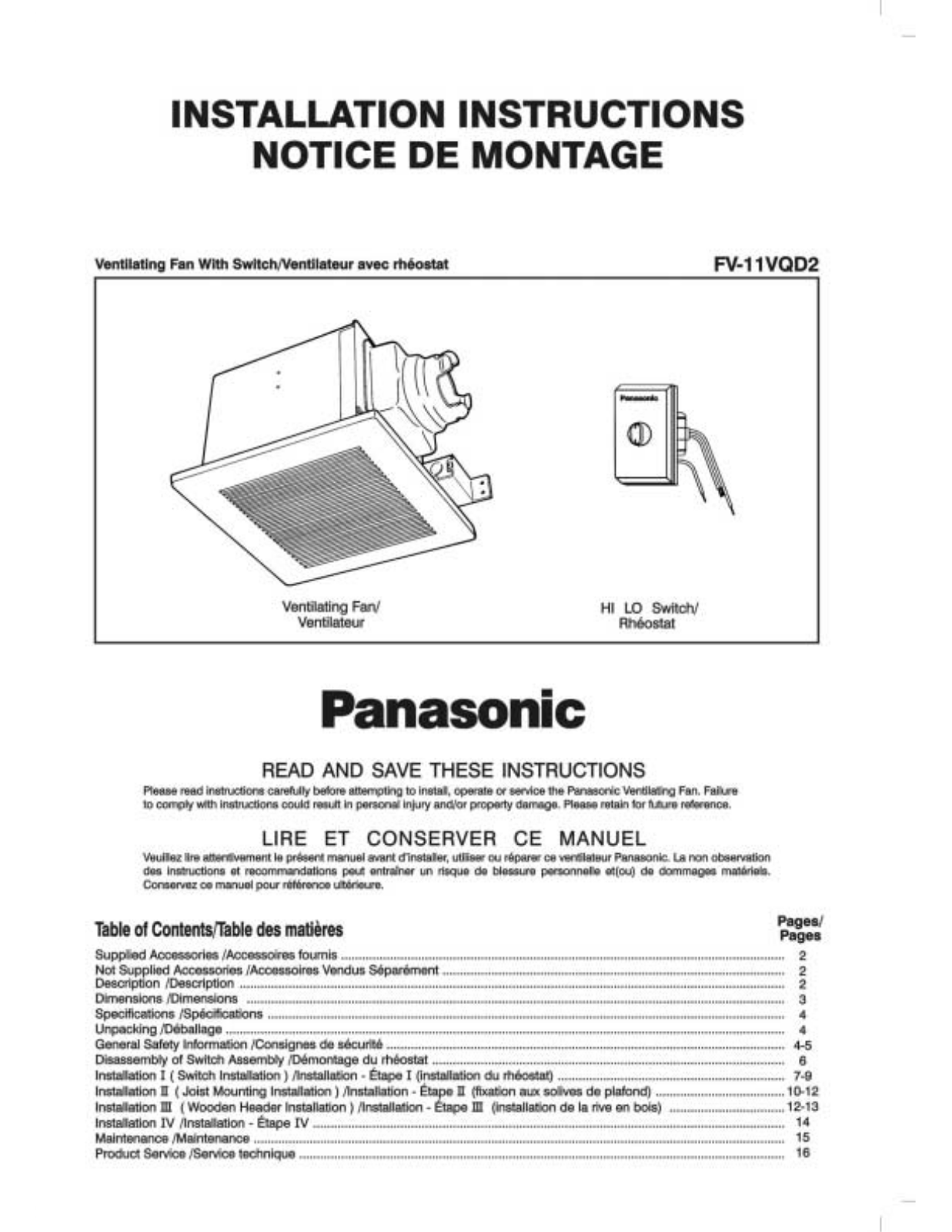 Panasonic fv-11vqd2 installation