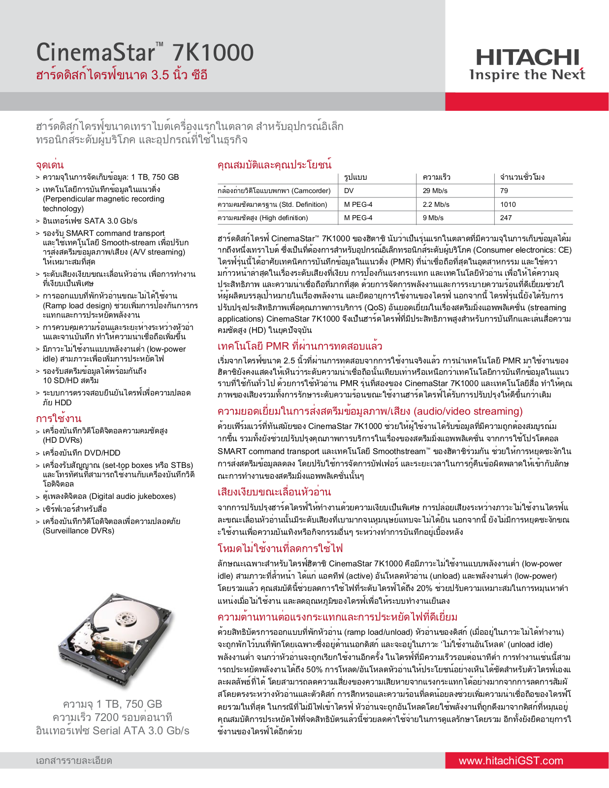 Hitachi CINEMASTAR 7K1000 DATASHEET