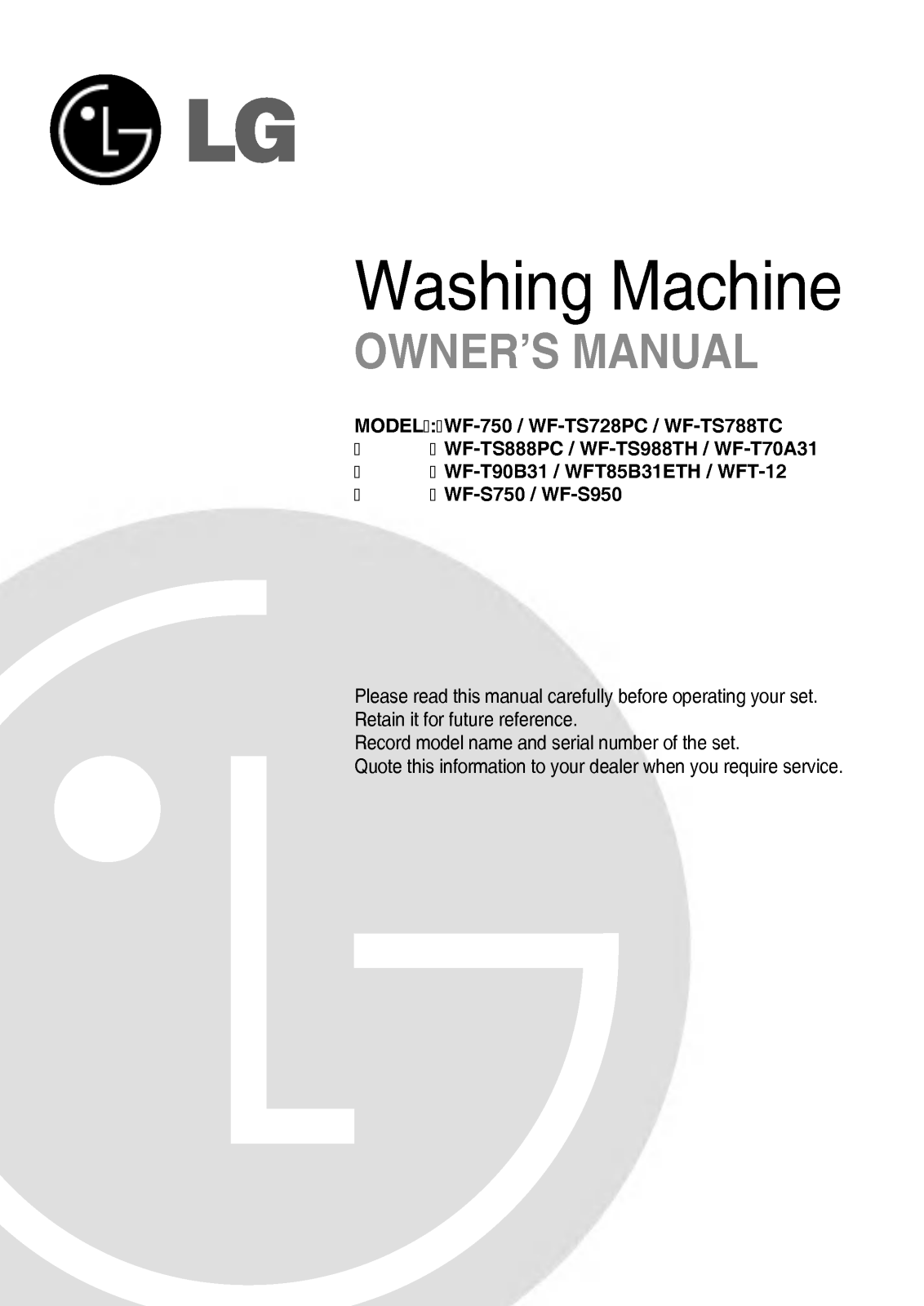 LG WFT85B31EHT Owner's Manual