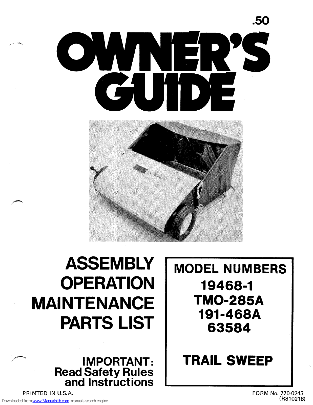 MTD 19468-1, TMO-285A, 191-468A, 63584 Owner's Manual