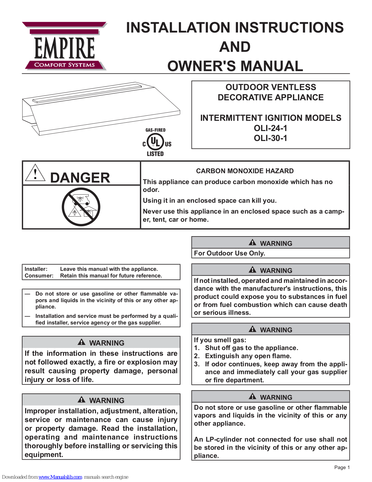 Empire OLI-24-1, OLI-30-1 Installation Instructions And Owner's Manual