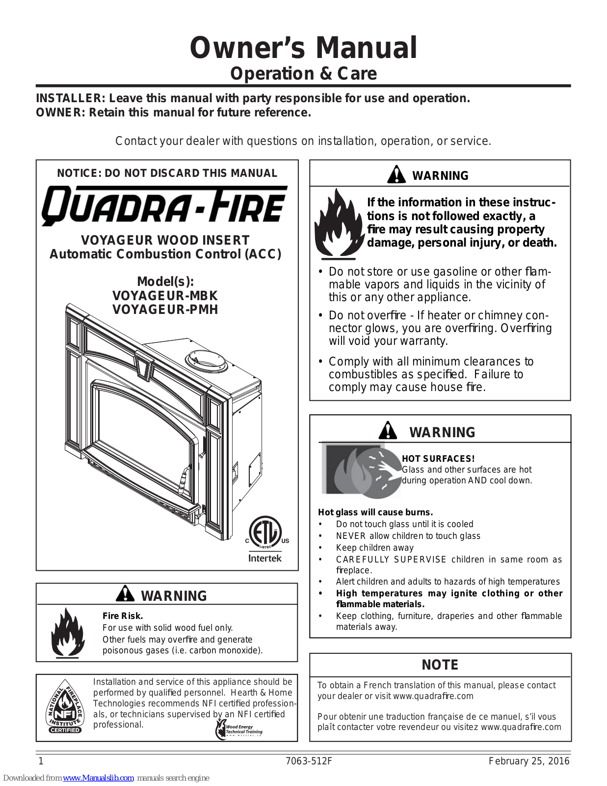 Quadra-Fire OYAGEUR-MBK, VOYAGEUR-PMH Owner's Manual