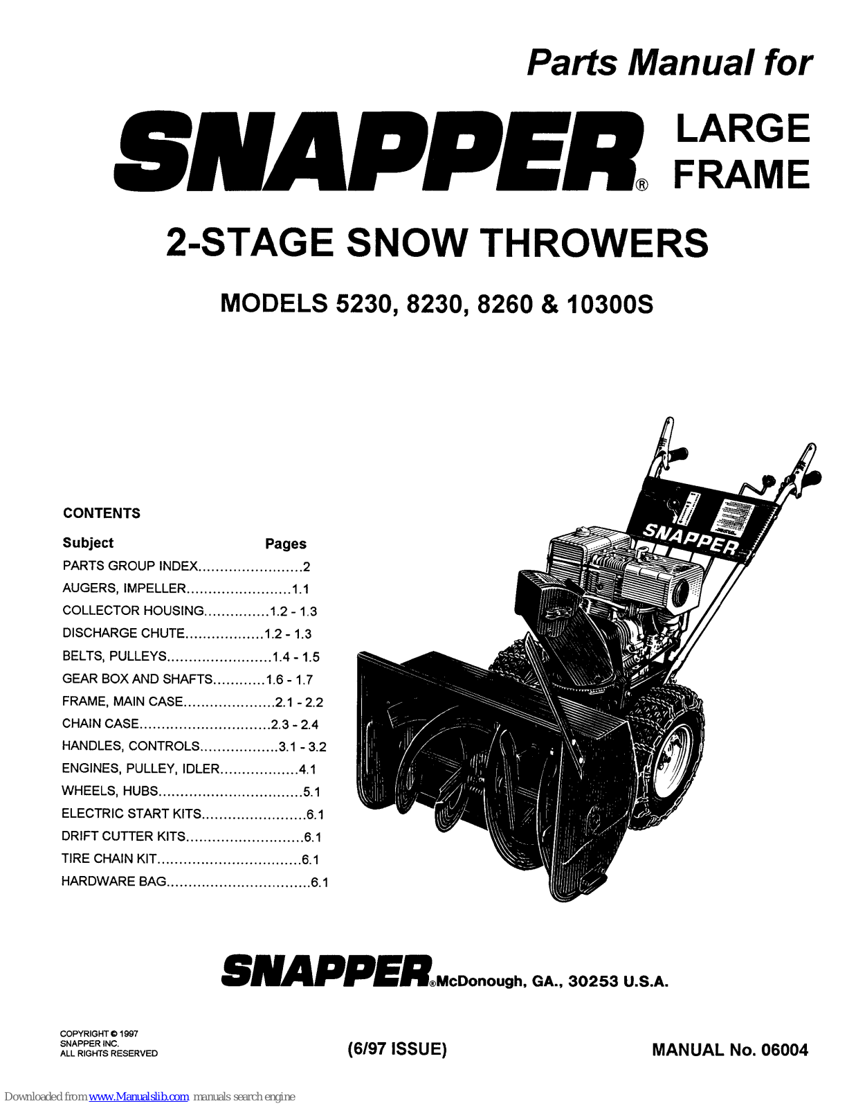 Snapper 5230, 8230, 8260, 10300S Parts Manual