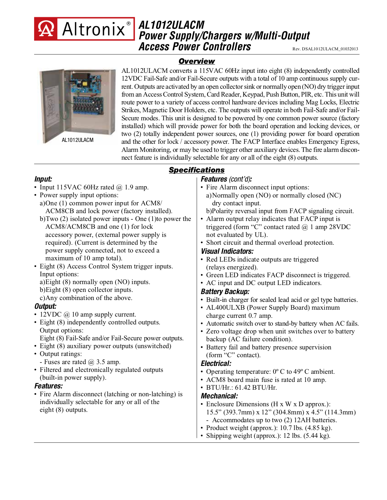 Altronix AL1012ULACM Specsheet