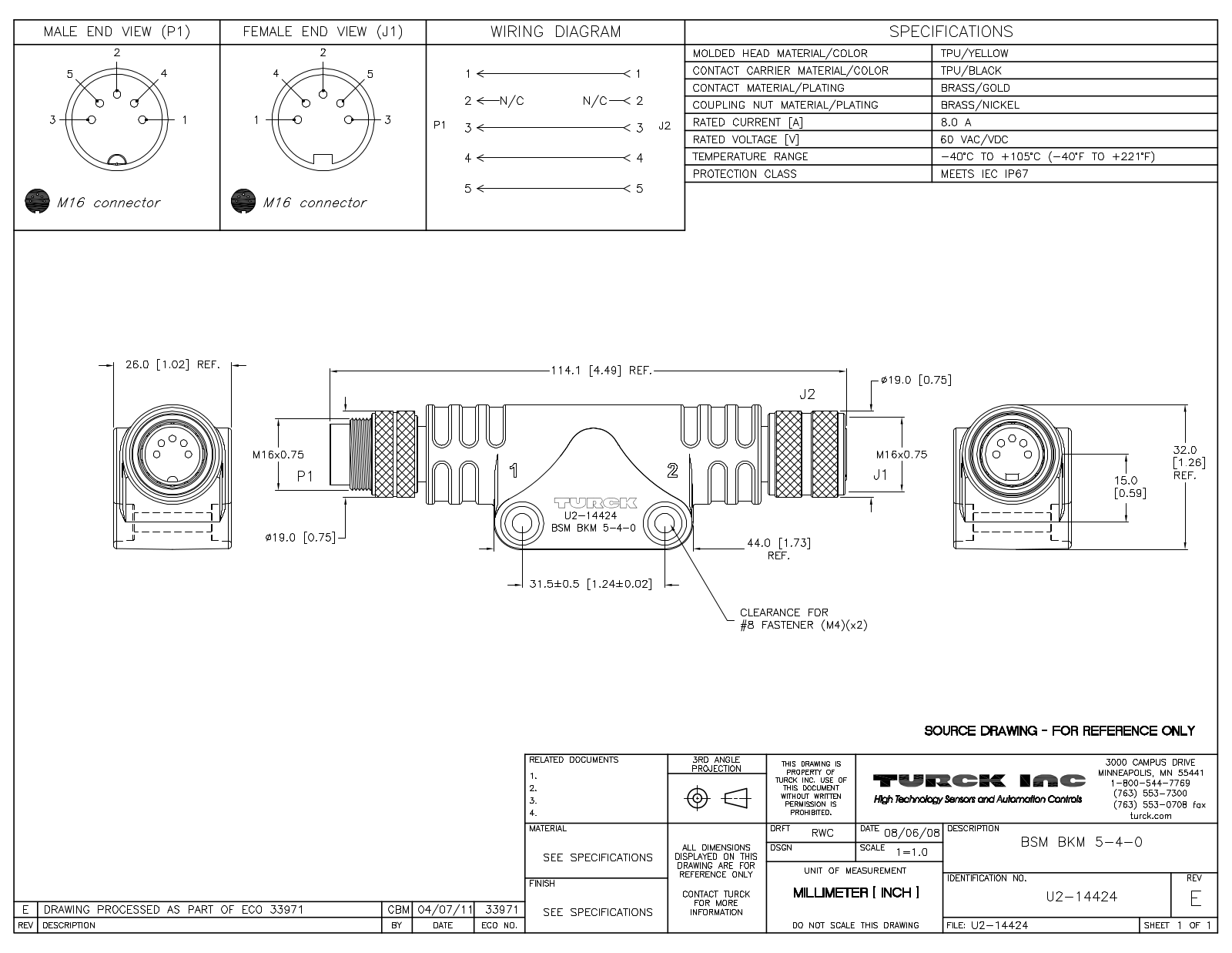 Turck BSMBKM5-4-0 Specification Sheet