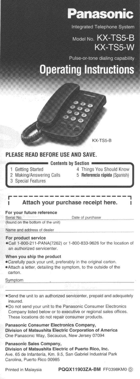 Panasonic kx-ts5 Operation Manual