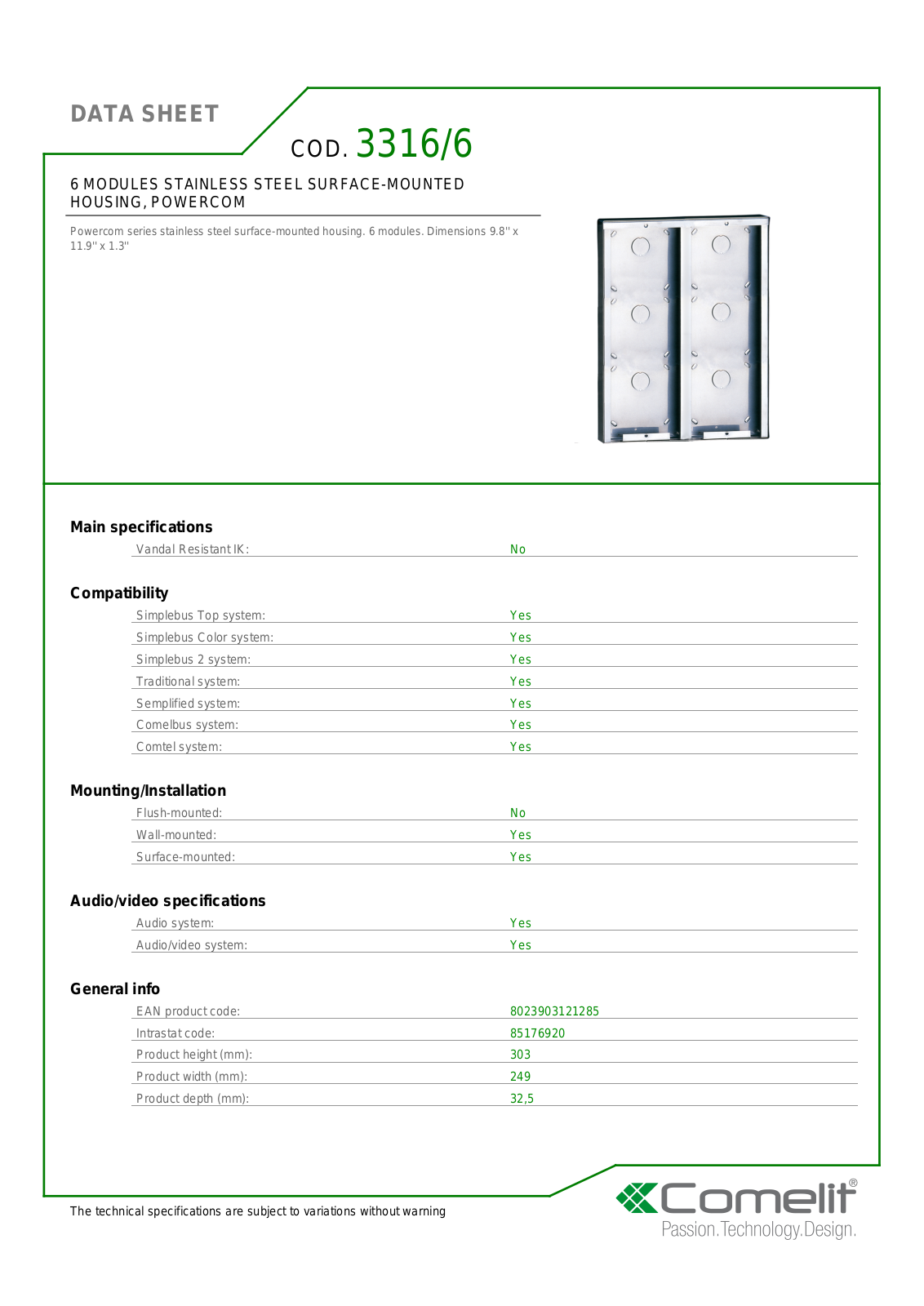Comelit 3316-6 Specsheet - ManualMachine.com