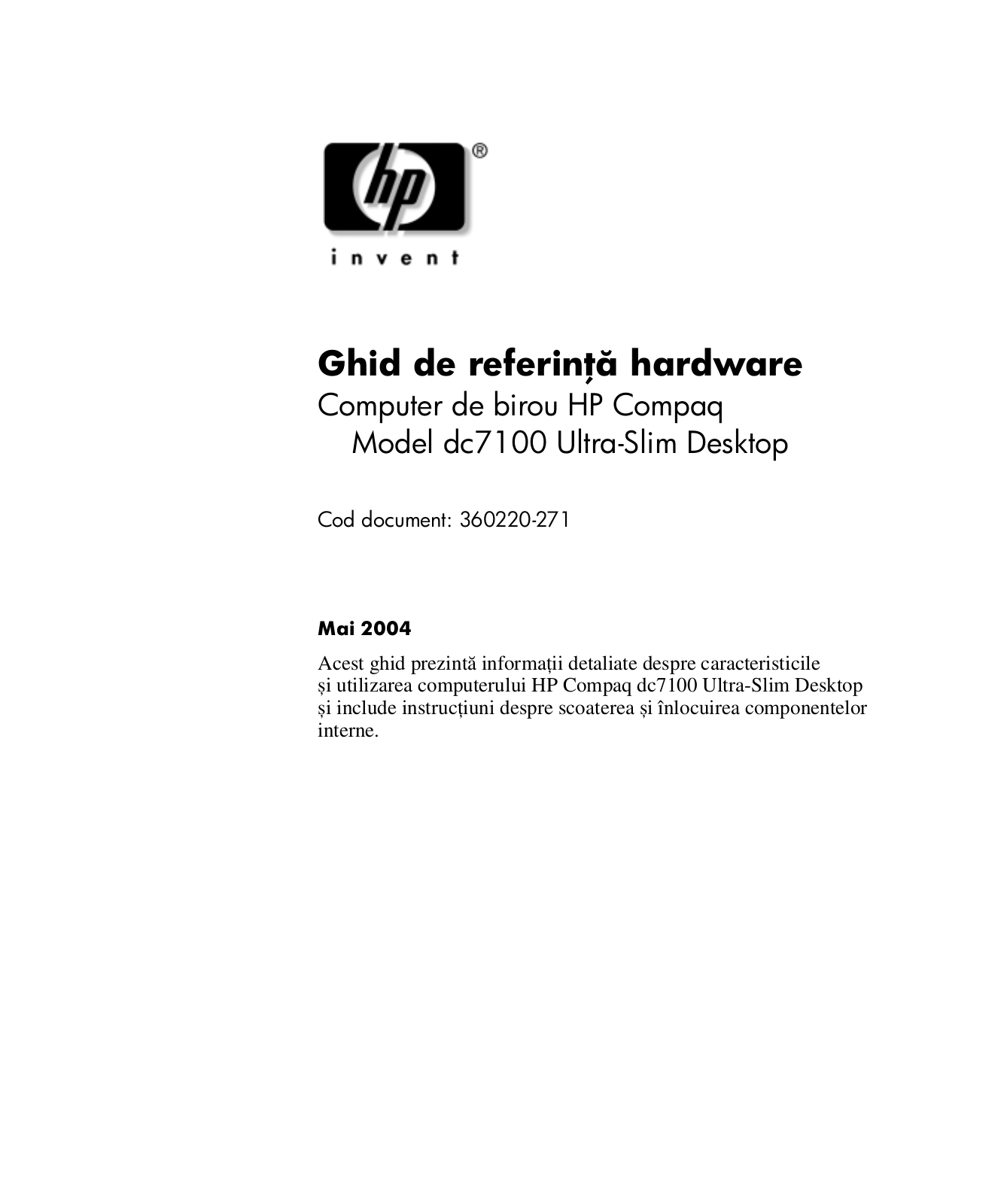 Hp COMPAQ DC7100 ULTRA-SLIM DESKTOP User Manual