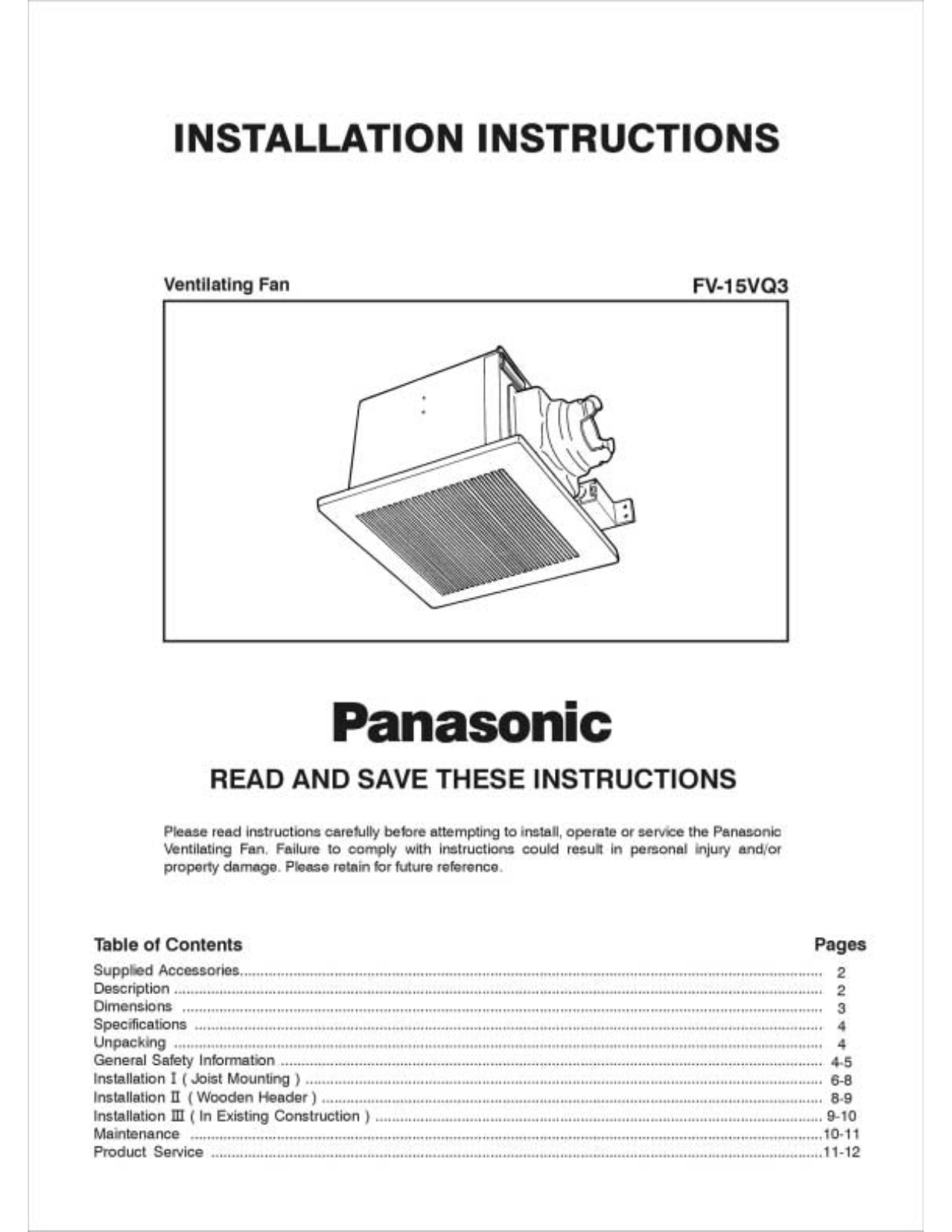 Panasonic fv-15vq3 Operation Manual