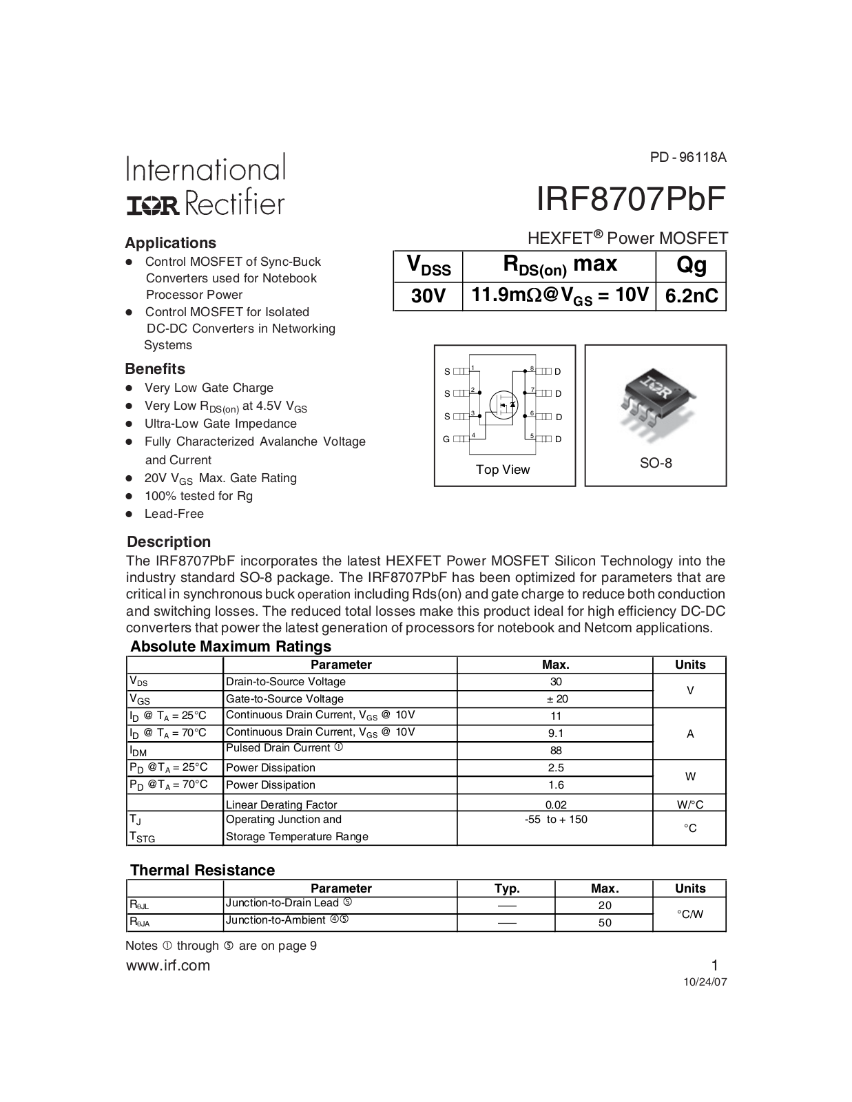 Datasheet IRF8707PBF Specification - ManualMachine.com