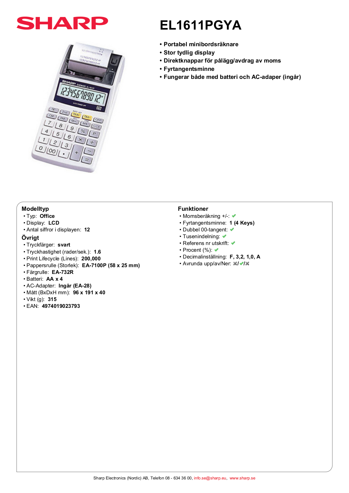 Sharp EL-1611PGYA DATASHEET - ManualMachine.com