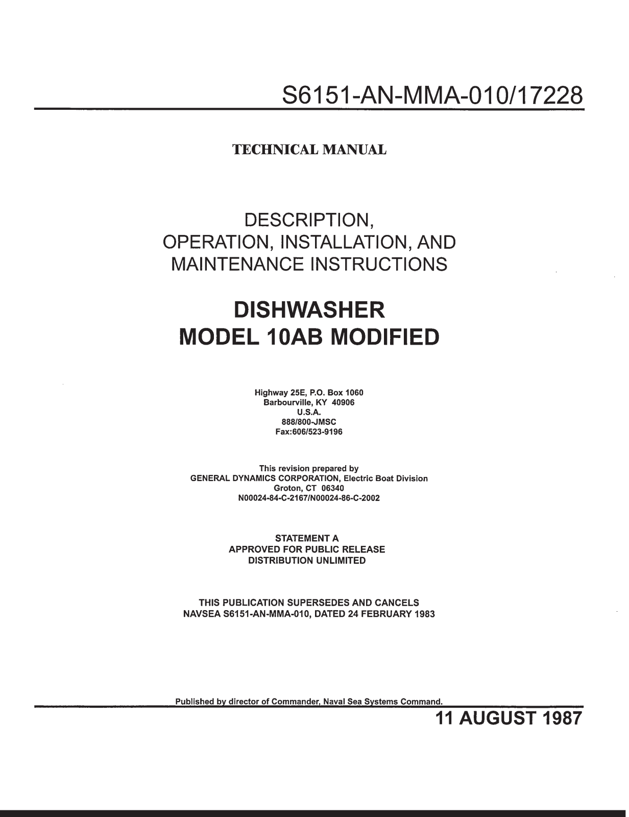 Jackson / Dalton Dishwasher 10AB Service Manual