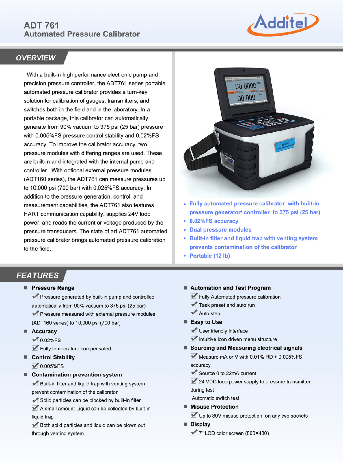 Additel ADT761, ADT761L, ADT761D, ADT761M Data Sheet