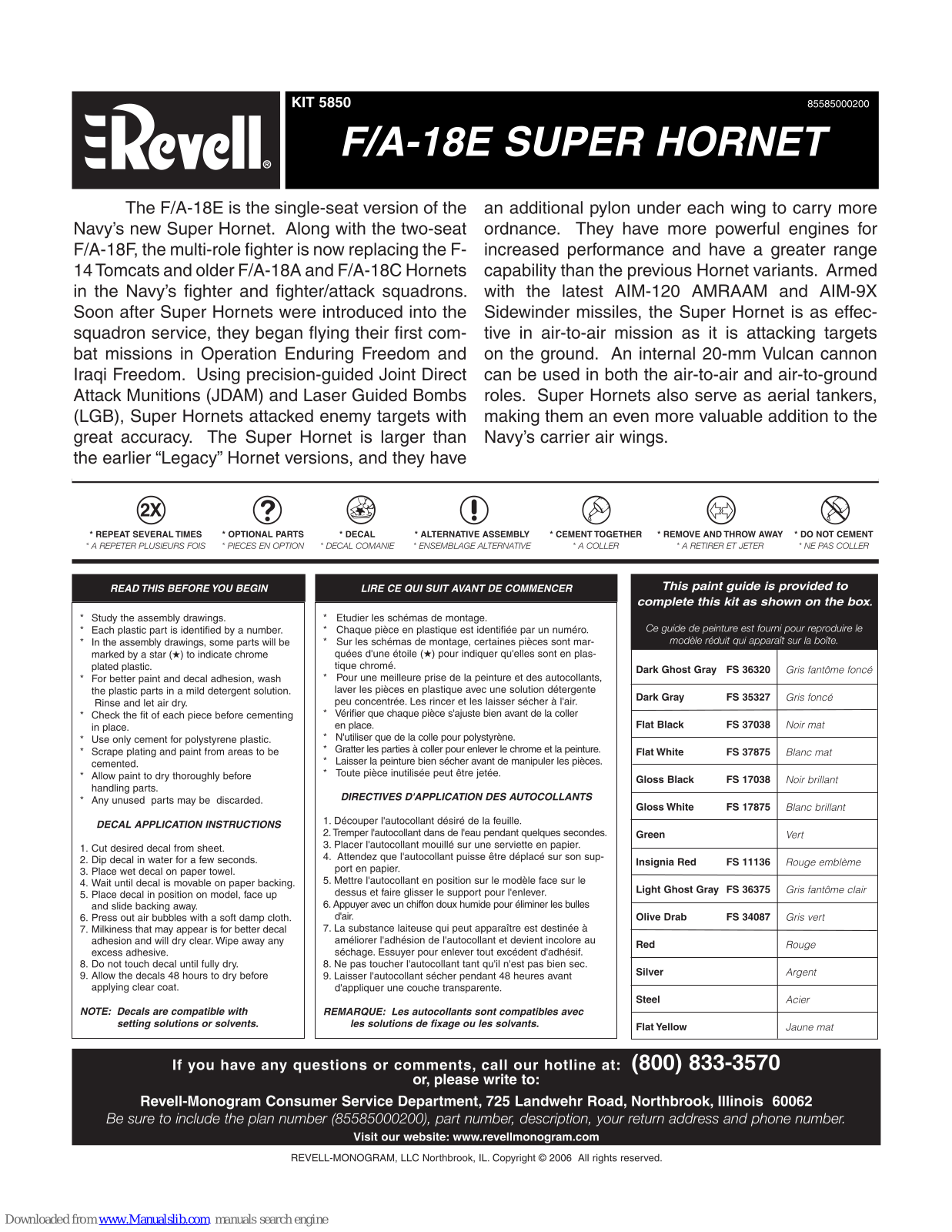 REVELL KIT 5850, F/A-18E Super Hornet, 5850 Assembly Manual