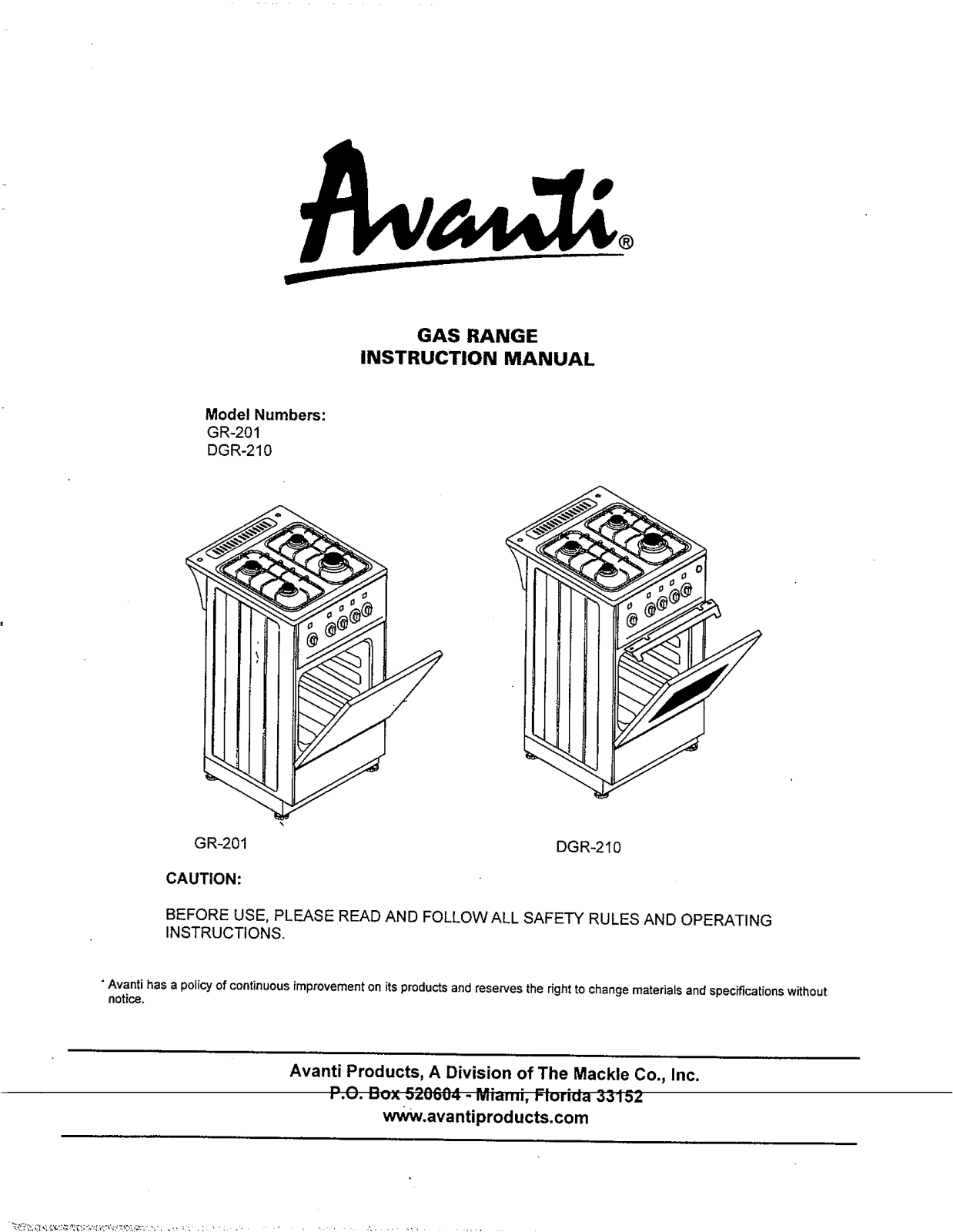 Avanti GR-201 User Manual