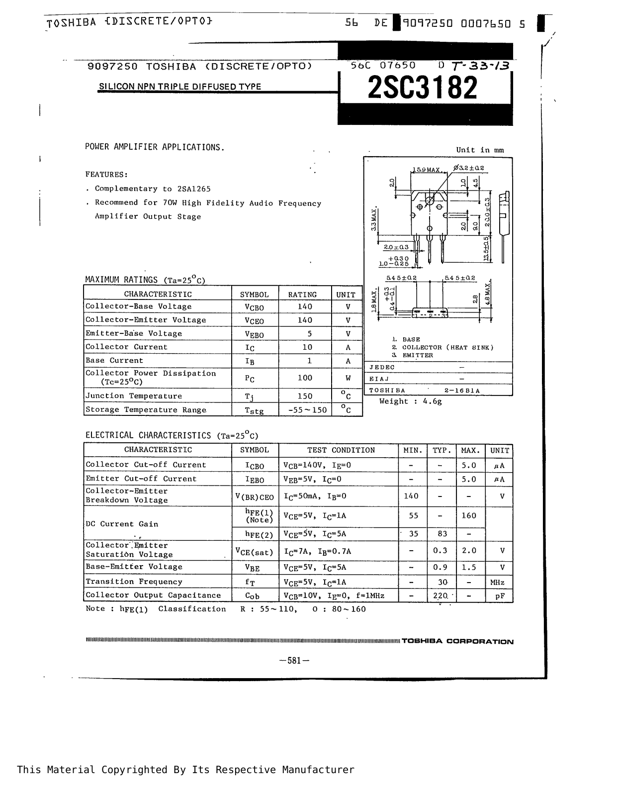 TOSHIBA 2SC3182 Technical data