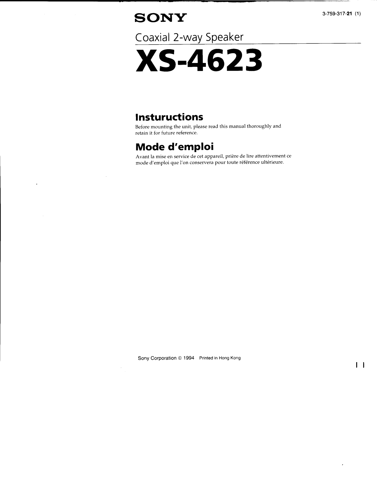 Sony XS-4623 Instructions  Manual