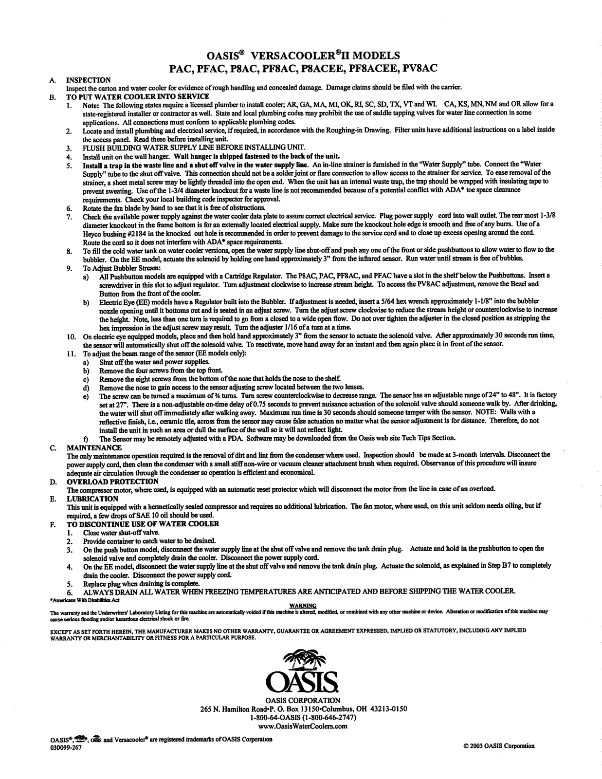 Oasis P8AC Installation  Manual