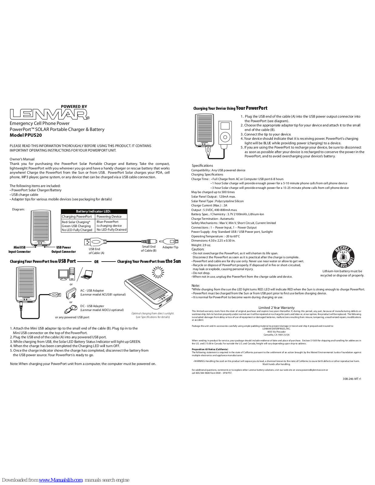 Lenmar PowerPort PPUS20 Owner's Manual