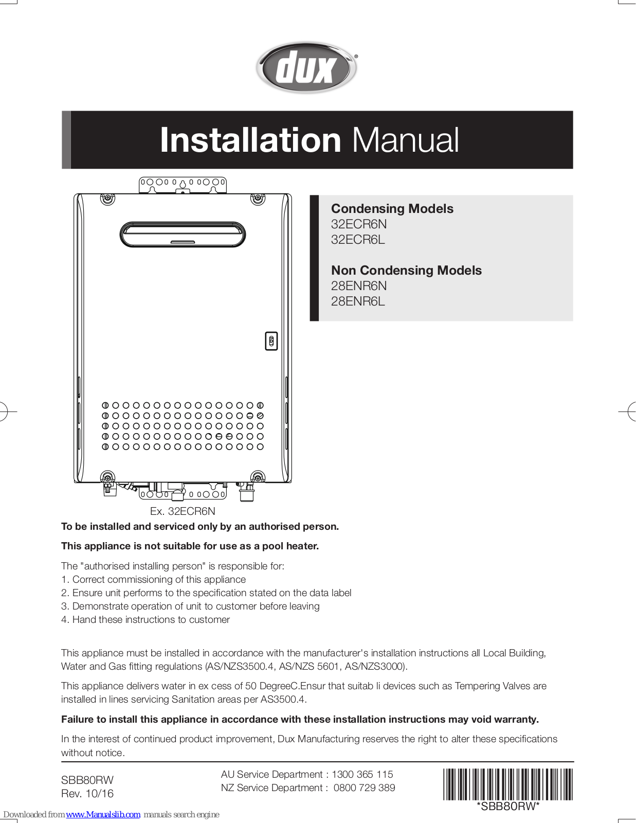 Dux 32ECR6L, 32ECR6N, 28ENR6N, 32FCR6N, 32FCR6L Installation Manual