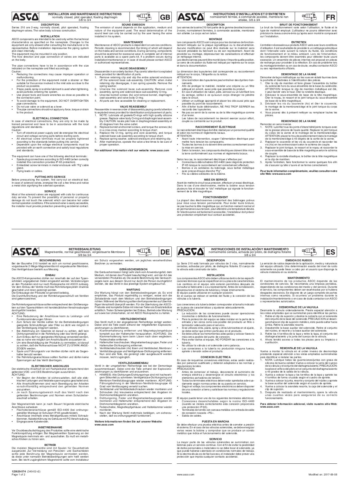 ASCO European Instruction Manual: Series 210 Solenoid Valve Floating Diaphragm Brass Manuals & Guides