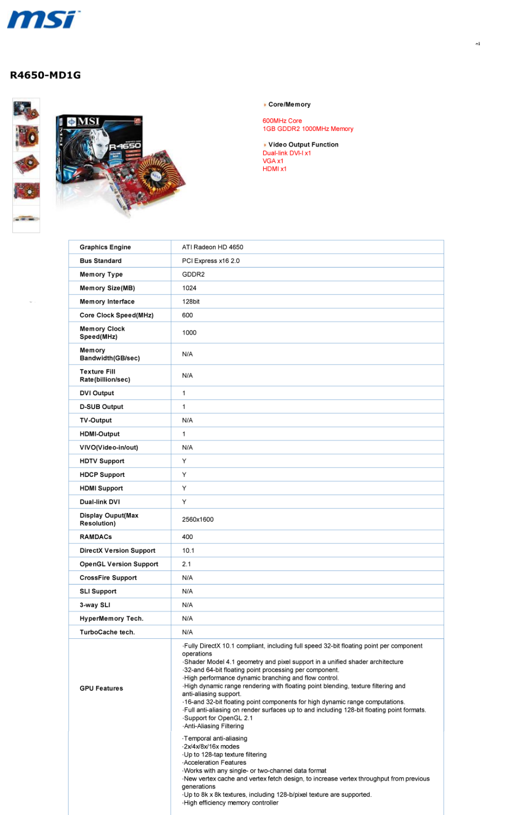 Msi R4650-MD1G TECHNICAL SPECIFICATIONS