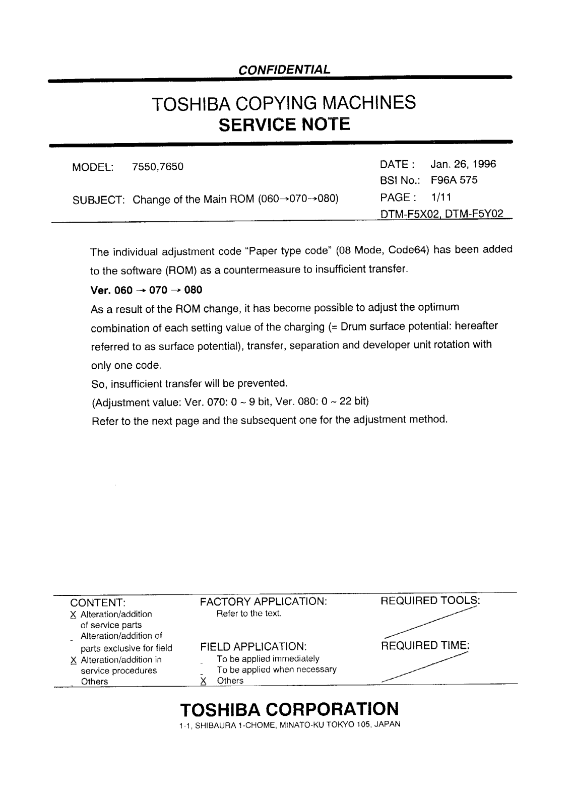 Toshiba f96a575 Service Note