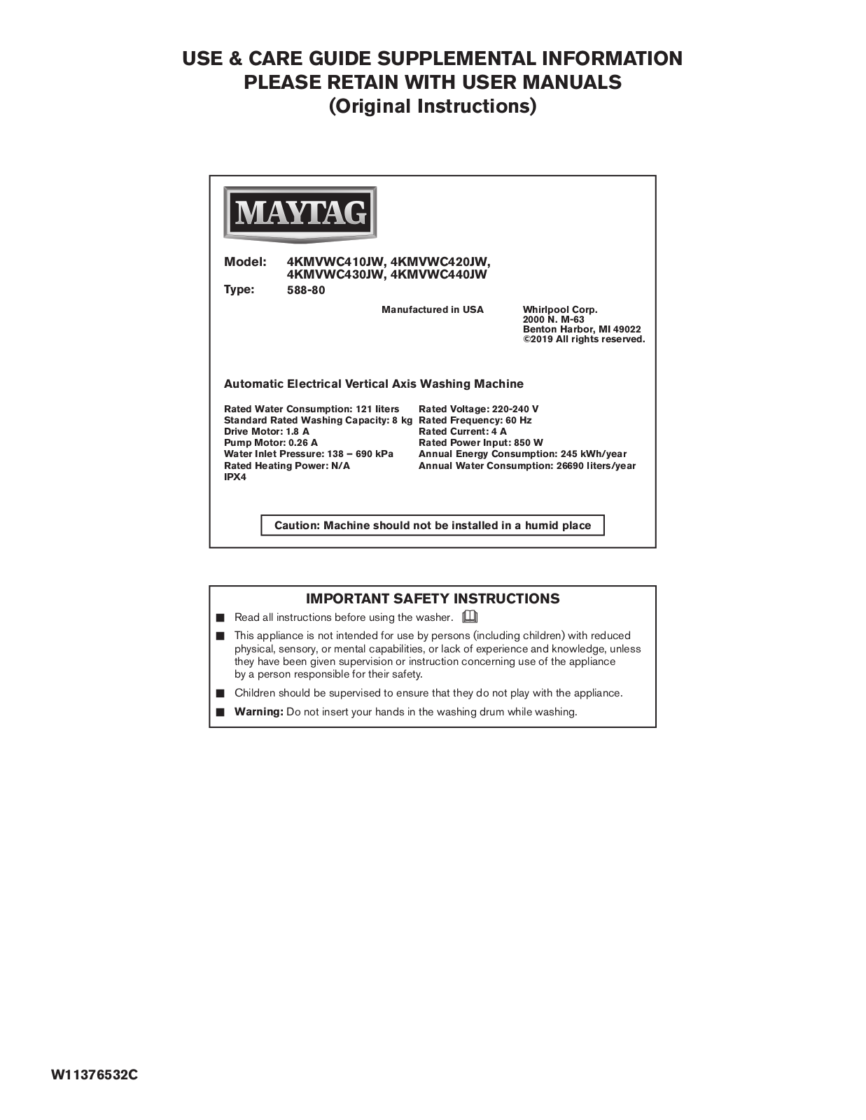 Maytag MVWC410JW, MVWC420JW, MVWC430JW, MVWC440JW Cycle Guide