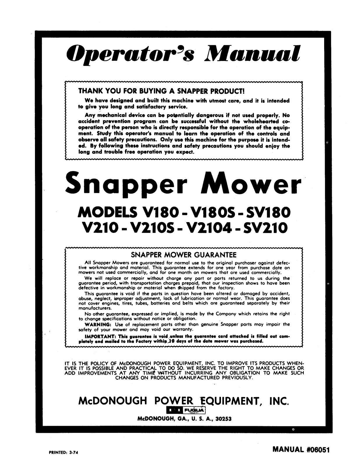 Snapper SV210, V210, V2104, V210S User Manual