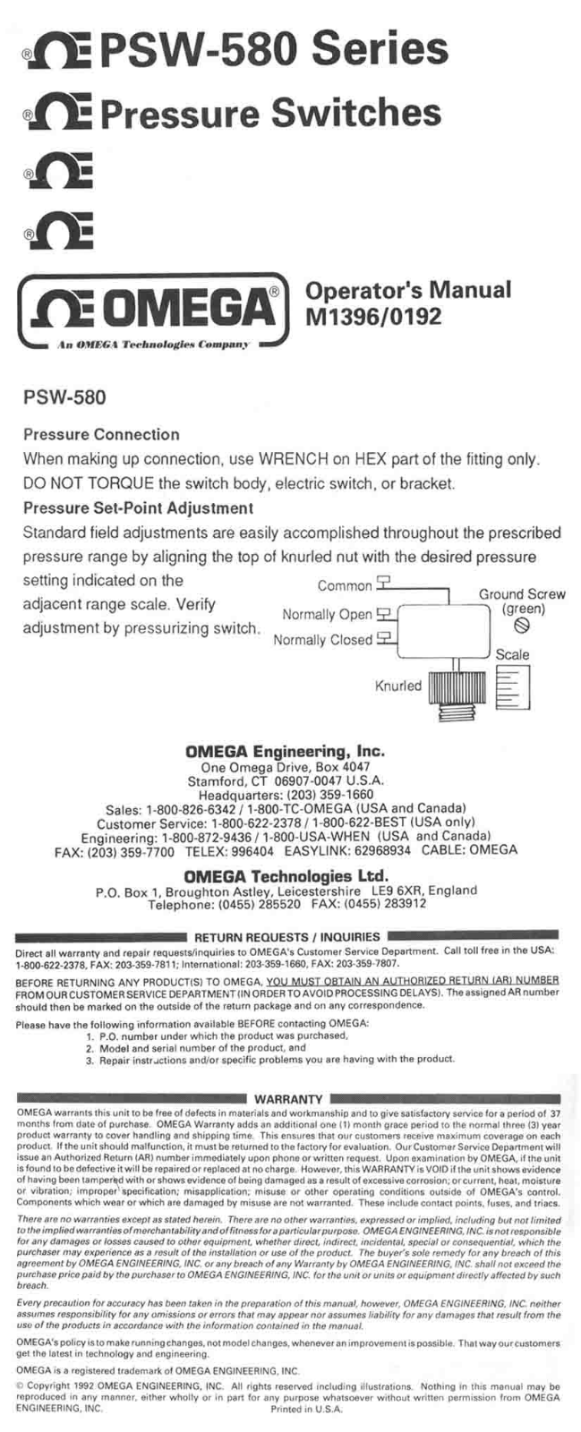 Omega Products PSW-580 Installation  Manual