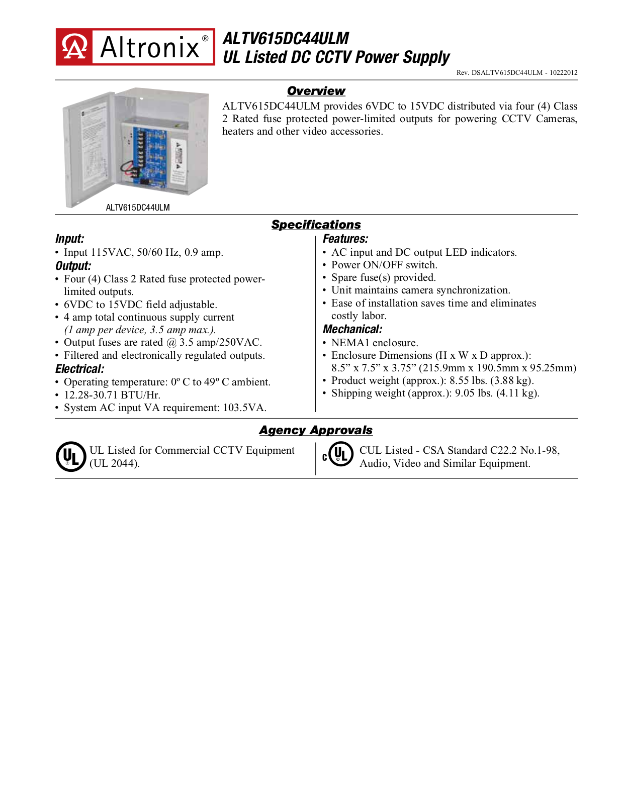 Altronix ALTV615DC44ULM Specsheet