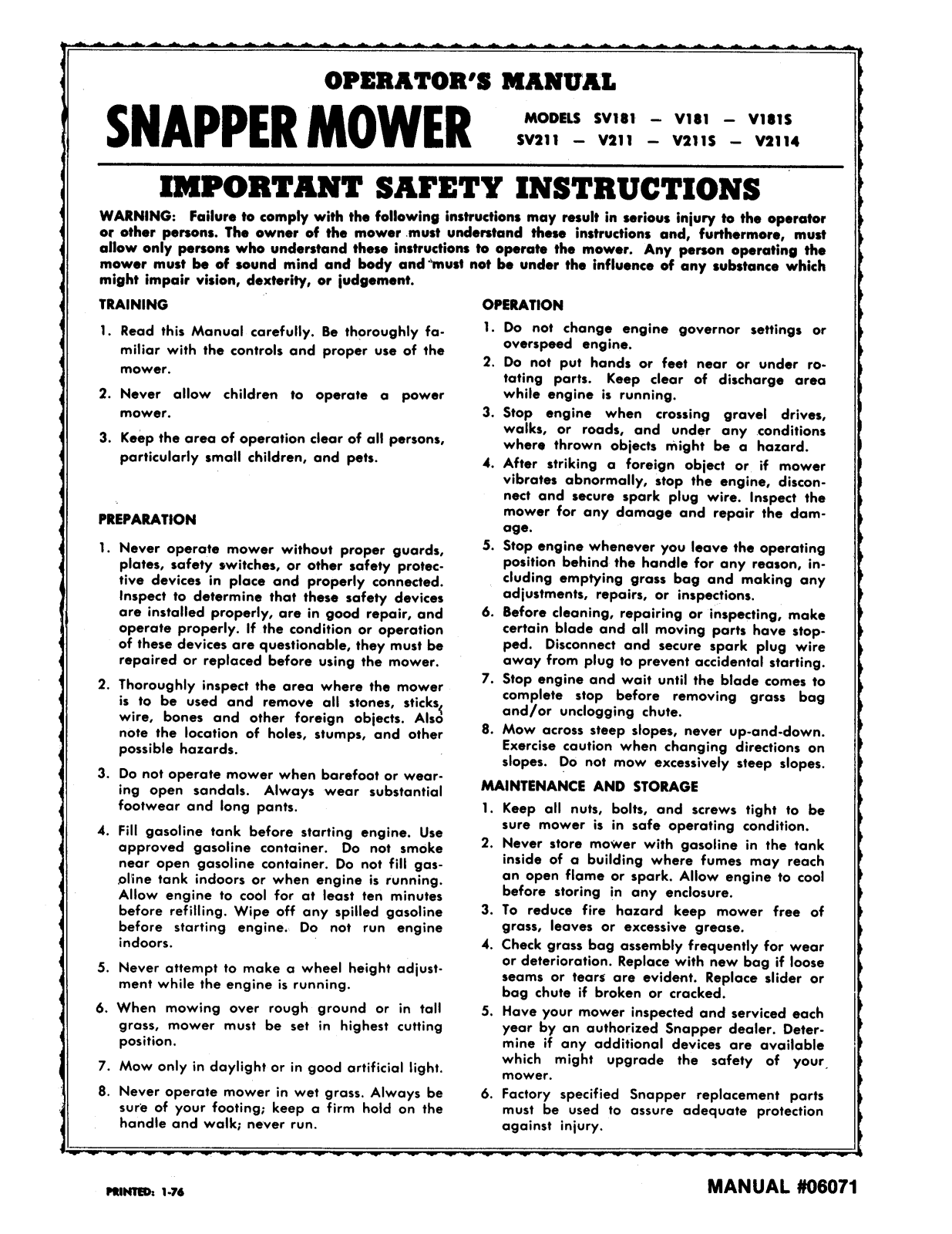 Snapper V2115, V1845 User Manual