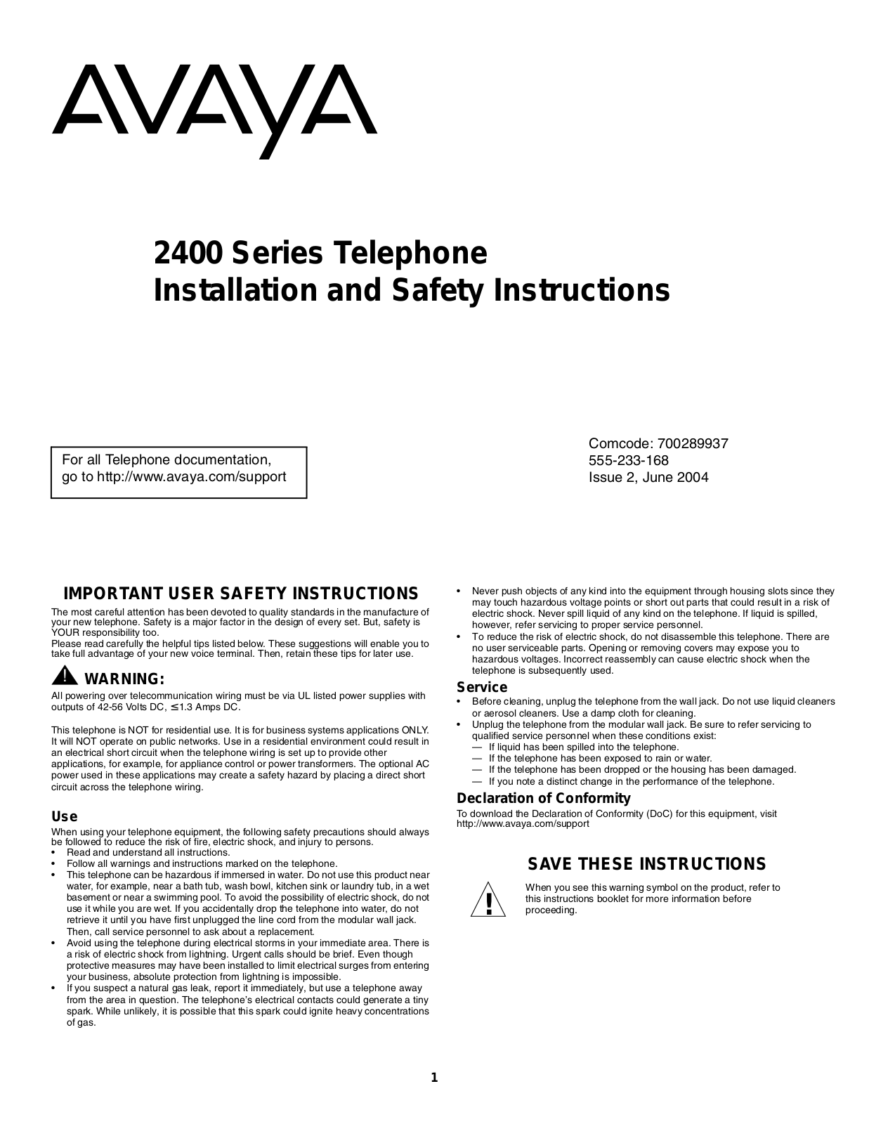 Avaya 700289937, 2400, 555-233-168 User Manual