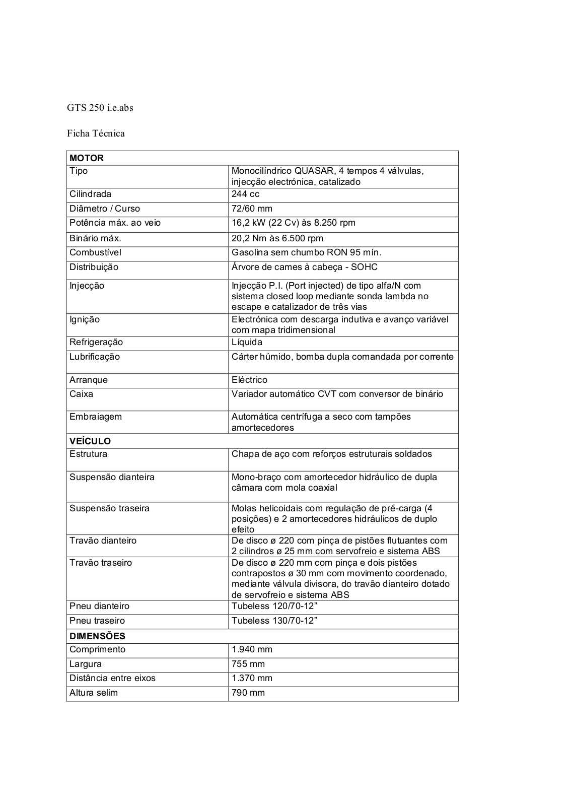 Vespa GTS 250 IE ABS DATASHEET