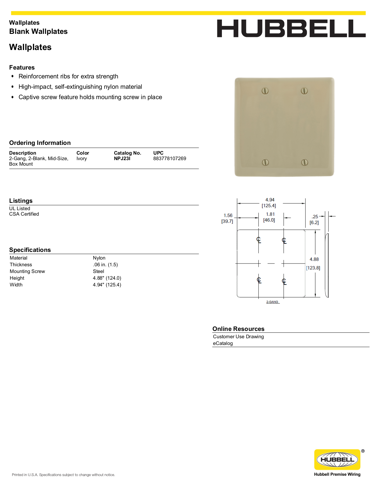 Hubbell NPJ23I Specifications