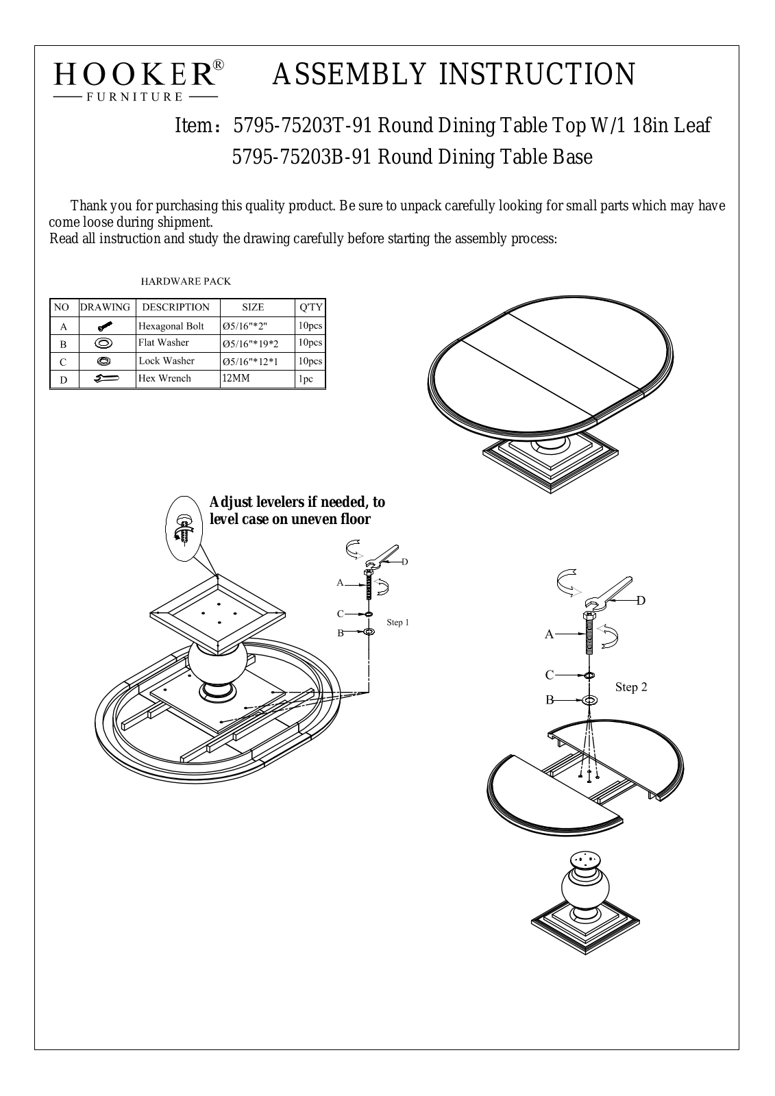 Hooker Furniture 57957520391 Assembly Guide