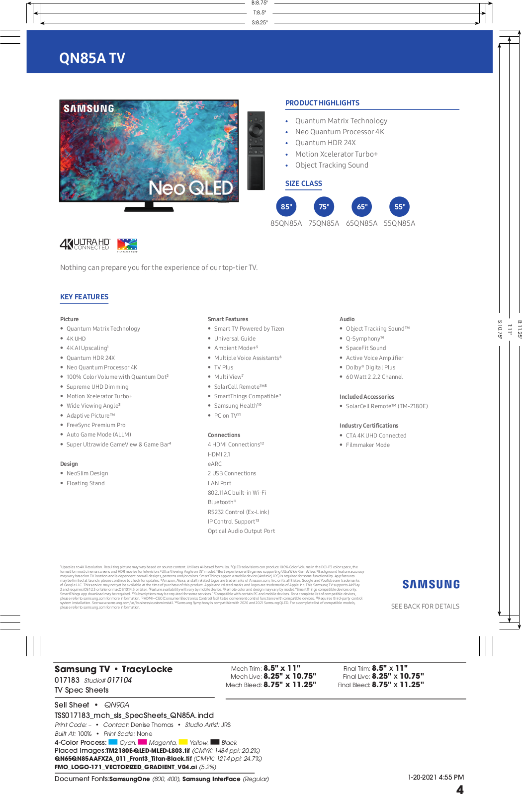 Samsung QN85QN85A, QN75QN85A, QN65QN85A, QN55QN85A Specification Sheet