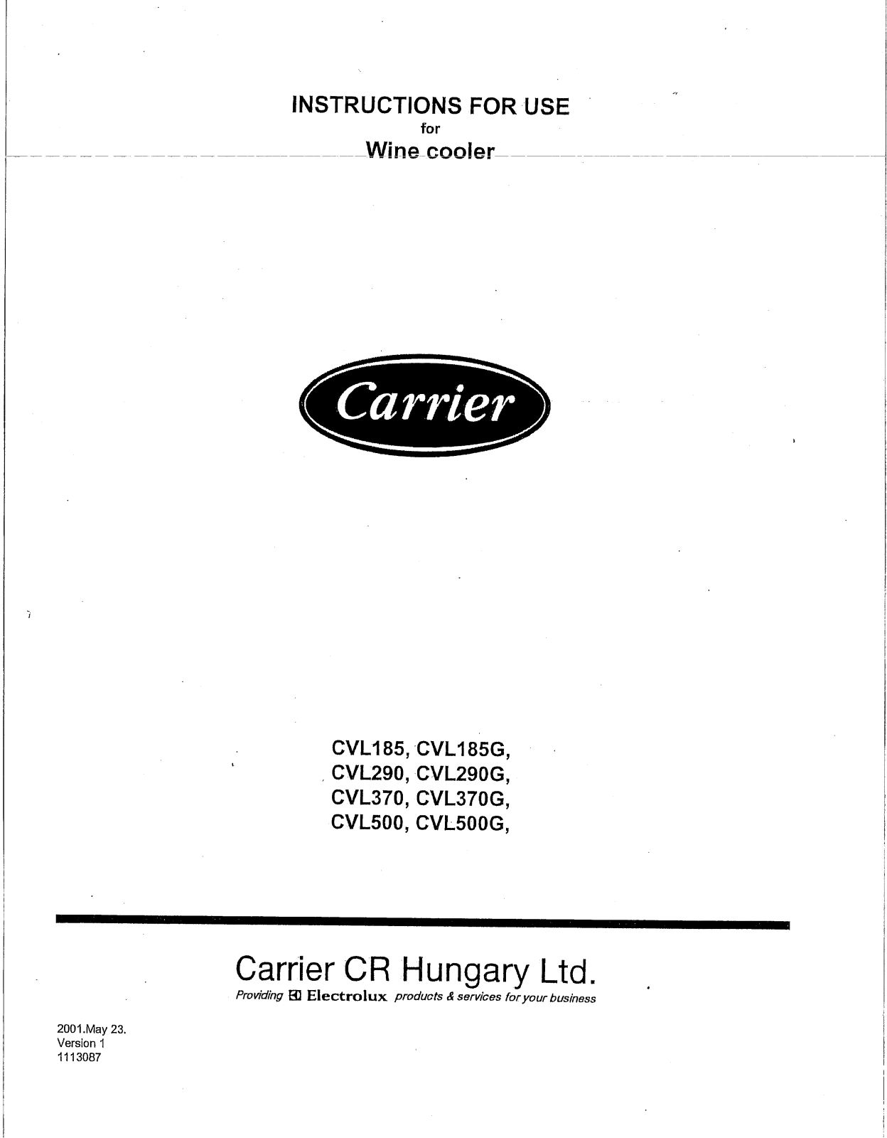 Carrier CVL290G, CVL370G, CVL185G, CVL500G, CVL370 User Manual