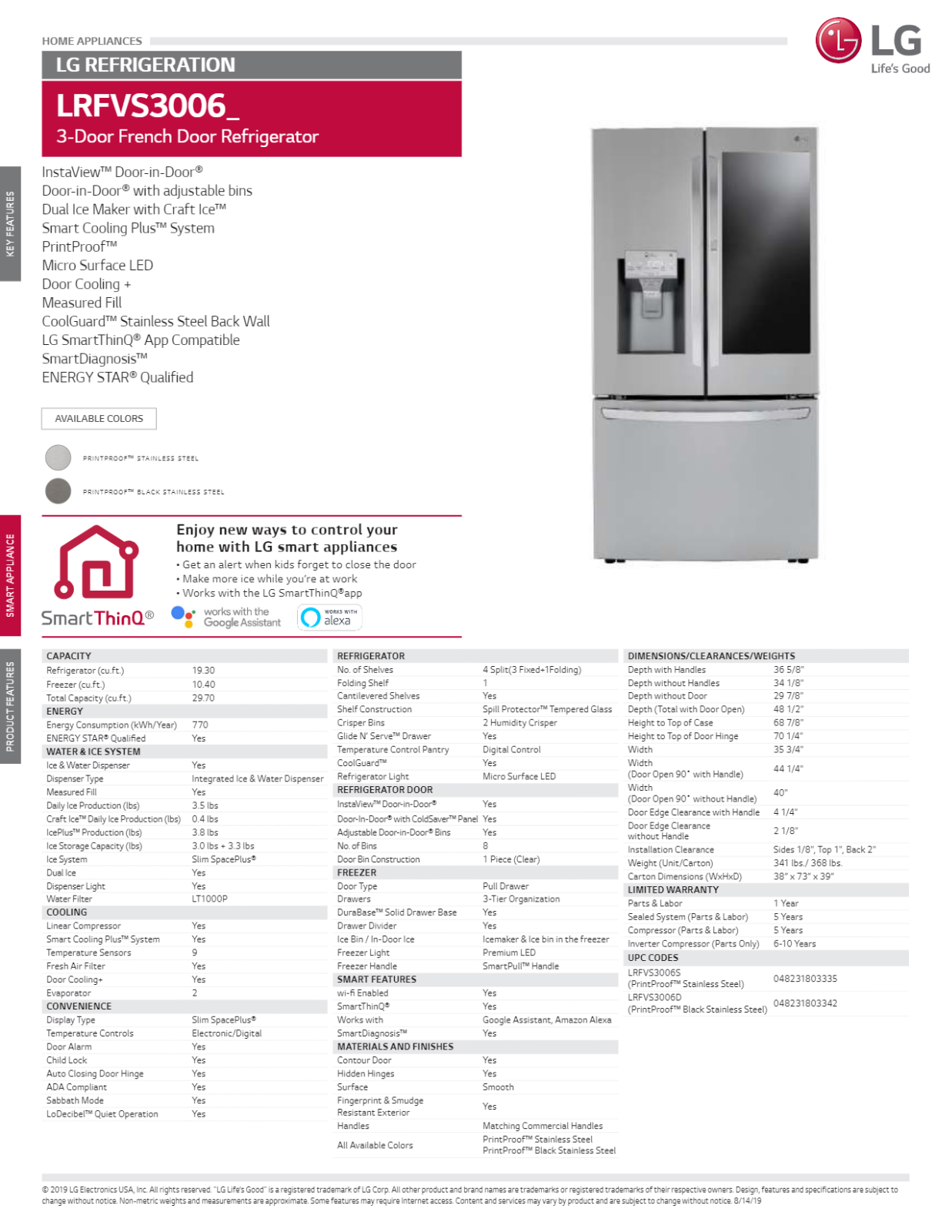 LG LGRERADWMW5609 Specs