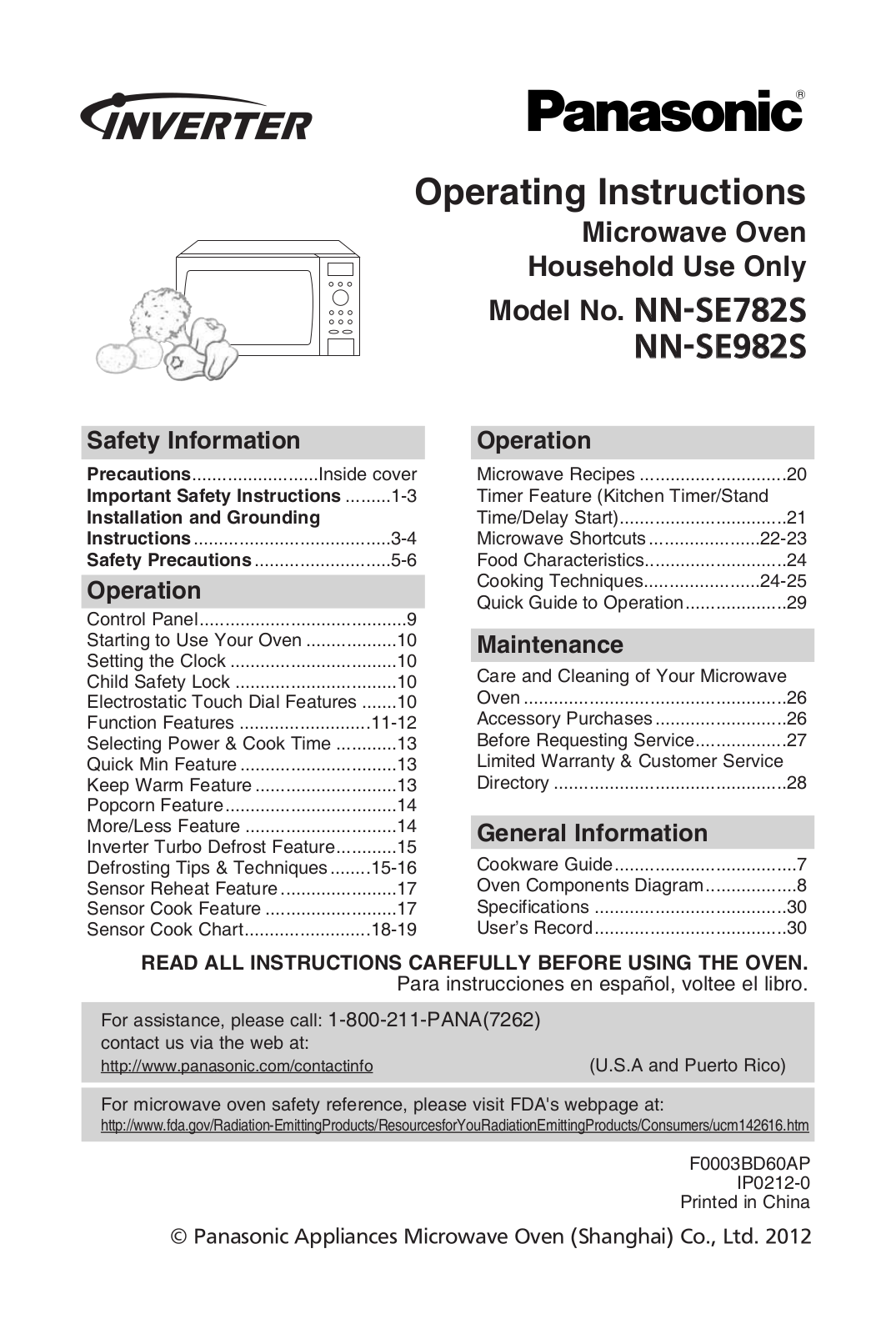 Panasonic NN-SE782S, NN-SE982S Operating Instruction