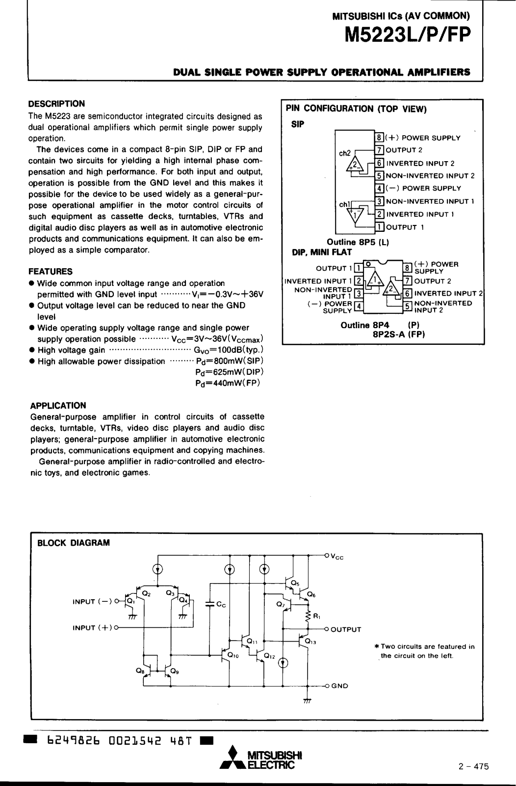 Mitsubishi M5223P, M5223L, M5223FP Datasheet