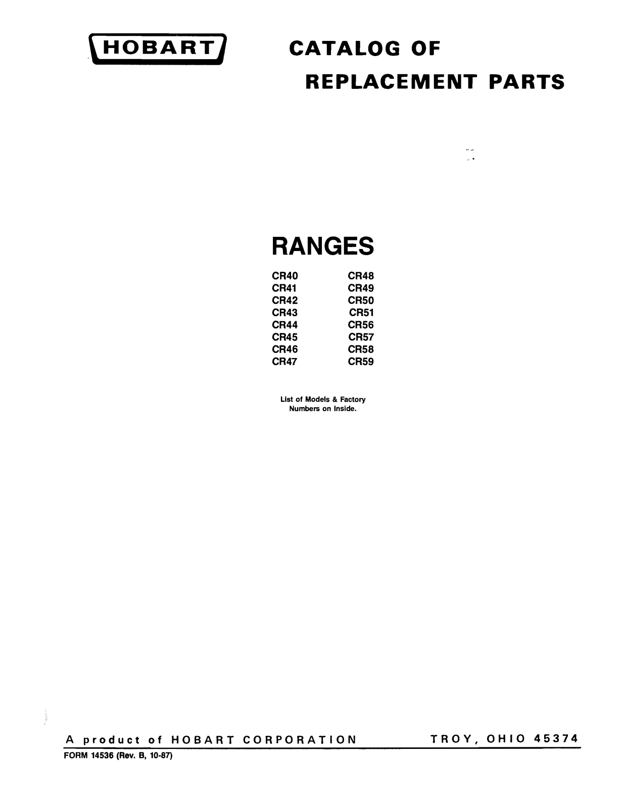 Hobart CR40 Parts List