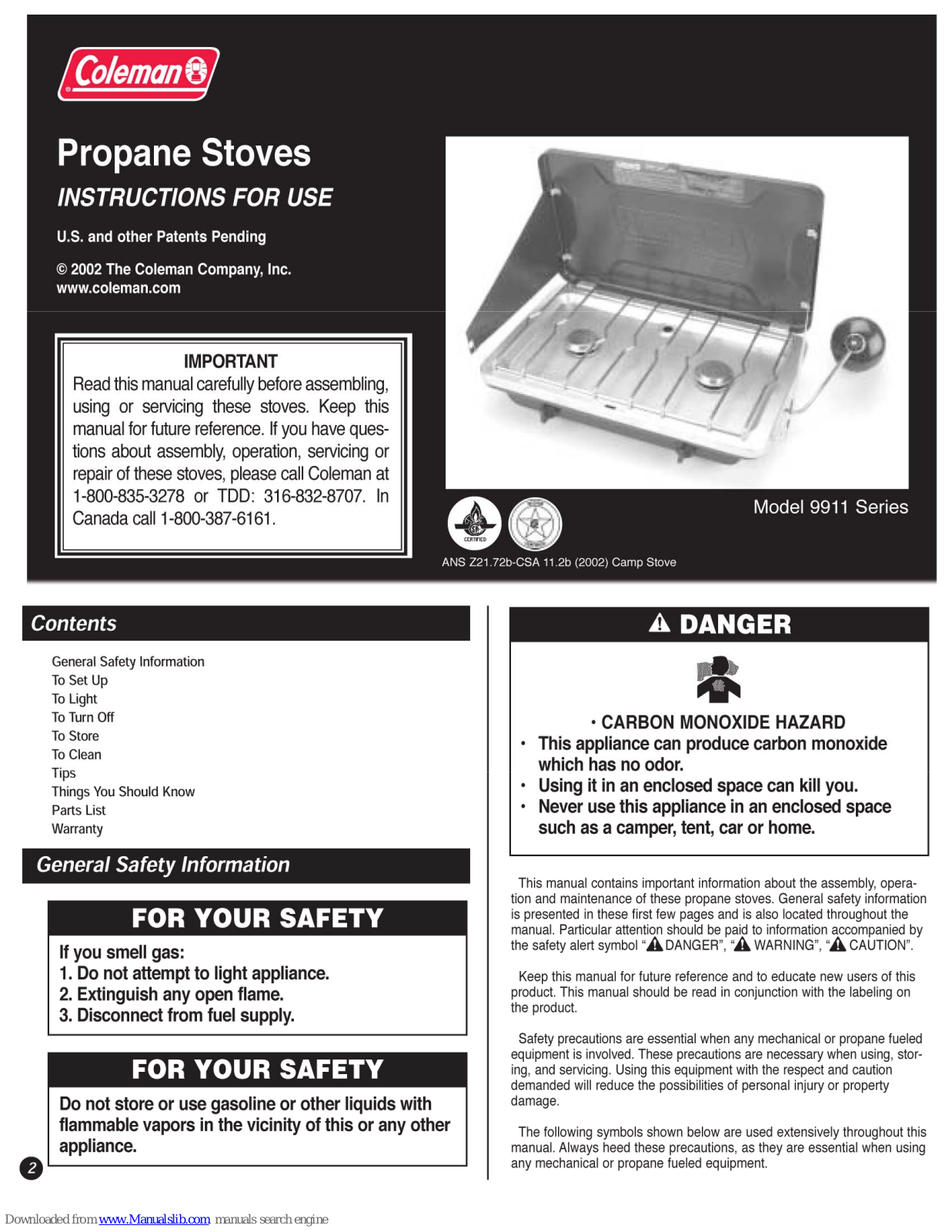 Coleman 9911 Series Instructions For Use Manual