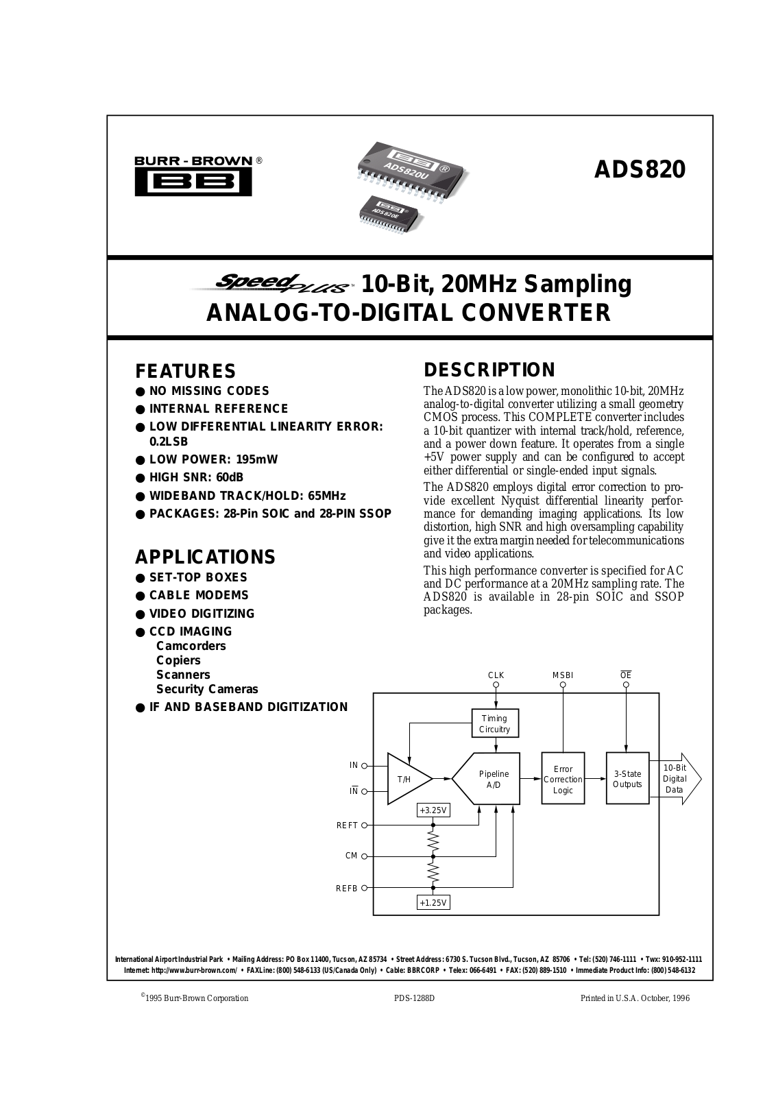 Burr Brown Corporation ADS820U-1K, ADS820U, ADS820E-1K, ADS820 Datasheet