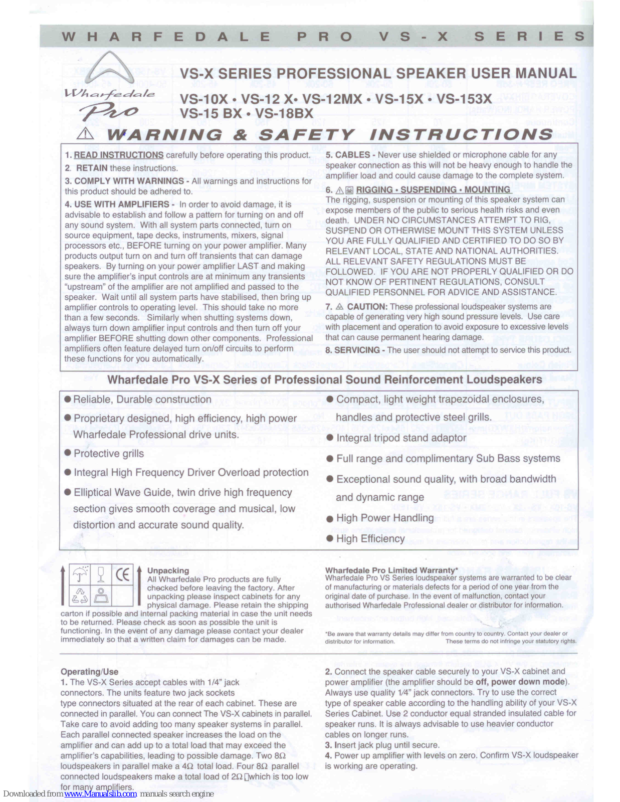 Wharfedale Pro VS-10X, VS-12MX, VS-12X, VS-153X, VS-15X User Manual