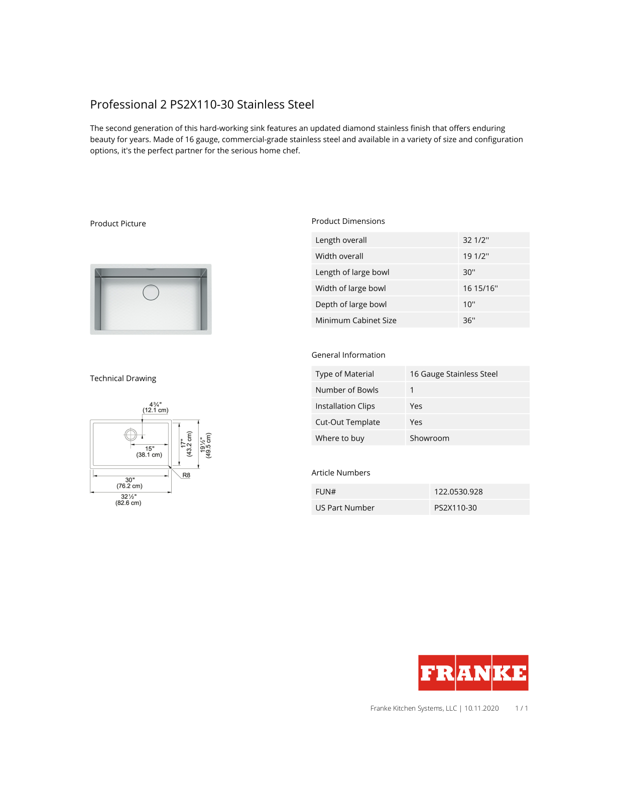 Franke PS2X110-30 Specification Sheet