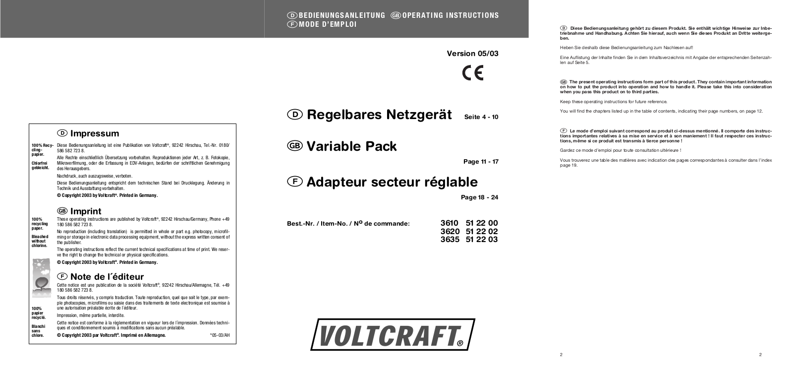 VOLTCRAFT 51 22 00, 51 22 02, 51 22 03 Operating Instructions