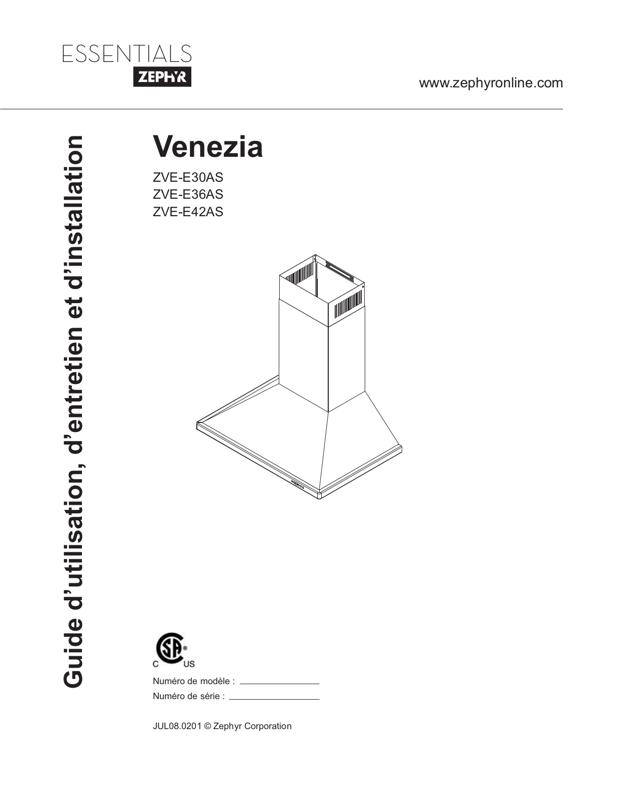 Zephyr ZVE-E30AS, ZVE-E42AS, ZVE-E36AS User Manual