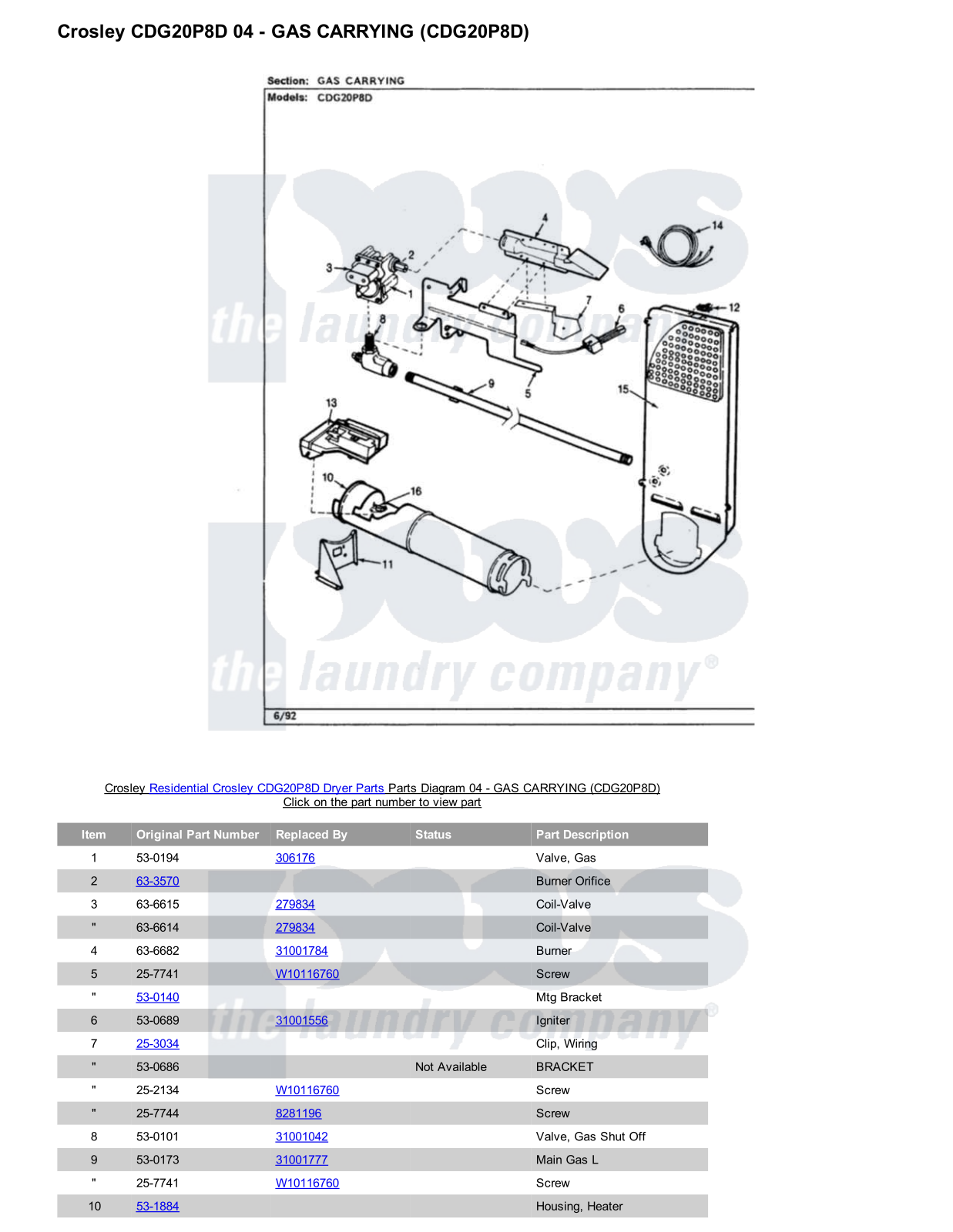 Crosley CDG20P8D Parts Diagram