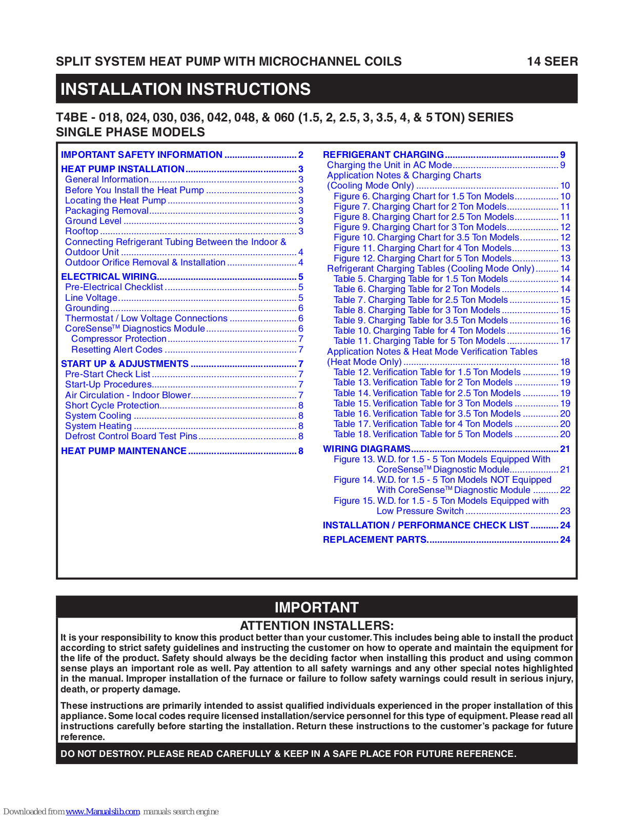 Nordyne T4BE-018, T4BE-024, T4BE-030, T4BE-036, T4BE-042 Installation Instructions Manual